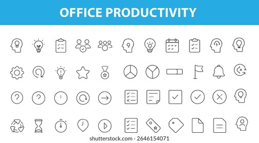 Ícones de produtividade do escritório, lista de tarefas, relógio, porta-arquivos, calendário, e-mail, trabalho em equipe e muito mais, formatos editáveis: EPS, JPG

