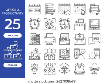 Office and Productivity Line Icon Set. Includes 25 editable vector icons such as calendar, task list, time management, workspace, email, collaboration, cloud storage, team meeting, and more.