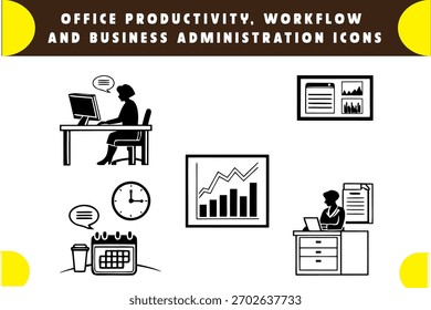 Ícones de produtividade do escritório, fluxo de trabalho e administração de negócios