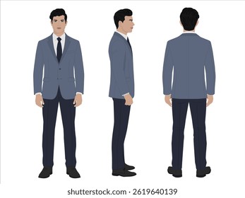 Office Professional 2D Vector Turnaround in Formal Coat and Pants for Character Design, Business Animation, and Corporate Presentation Needs.