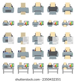 Office professional equipment printer scanner machines. Technology office, inkjet printer, vector illustration set. Digital printing machine. Professional scanner and copier, printer and photocopier