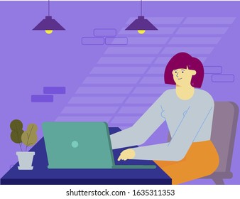 Office  professional freelancer designer work space computer sitting female girl woman illustration vector