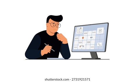 Office Professional Planning Work Schedule with Pen and Notebook. Flat vector illustration of an office professional planning a work schedule using a pen and notebook while reviewing a digital calendar on a computer screen. The scene represents thoughtful planning, organization, and productivity in a modern office environment. Concept of time management, work organization, and professional workflow. Suitable for business websites, corporate presentations, productivity articles, and editorial use.