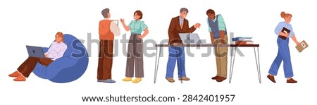 Office professionals engaged in different workplace activities. Employees working on laptops and sitting, walking and discussing ideas with colleagues. Vector business characters in teamwork