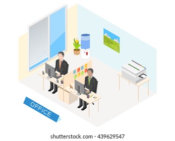 Office with programmers an isometric view. On the wall hangs a picture of the landscape of the triangles.