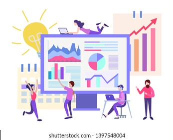 Office programmers and marketers are working on the creation of the site, monitor the statistics and configure the search engine. Vector illustration of concept marketing and teamwork.