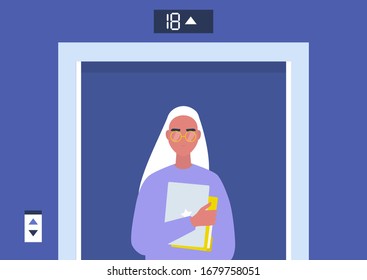 Office promotion concept, young female manager standing inside the elevator, millennials at work