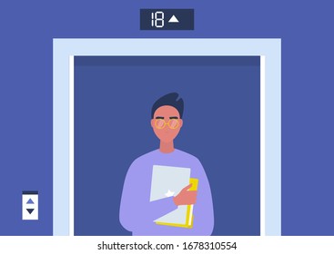 Office promotion concept, young male manager standing inside the elevator, millennials at work