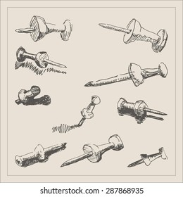 Office pushpin, in engraving etching sketch hand drawing style