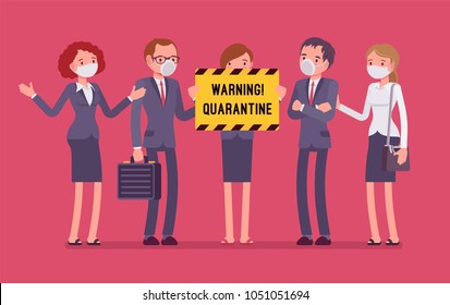 Office quarantine warning. Team of workers in masks with note of isolation, danger of infectious, contagious disease, stop working to prevent spread of virus. Vector flat style cartoon illustration