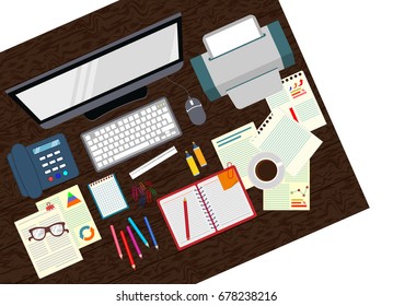 Office. Realistic workplace organization. The view from the top. Computer, telephone, printer, papers, glasses, coffee, charts, and graphs. Vector illustration.
