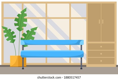 Office reception interior and waiting area with a wardrobe, sofa and indoor flower in a pot. Flat style, vector illustration. Hospital corridor interior, medical clinic hall. Empty hallway with bench