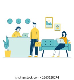 Office reception service providing for client by concierge flat vector illustration. Woman waiting for interview and reading magazine. Receptionist and customer concept for presentation or reports