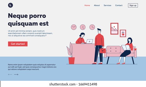 Bürorezeption für den Kunden durch Portier Wohnung Vektorillustration Illustration. Frauen warten auf Interview und lesen Magazin. Receptionist und Kundenkonzept für Präsentation oder Berichte