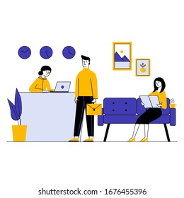 Servicio de recepción de oficinas que proporciona al cliente por la conserjería de ilustración vectorial plana. Mujer esperando la entrevista y la revista de lectura. Concepto de recepcionista y cliente para presentación o informes