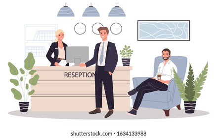 Office reception vector illustration. Customer talking to receptionist at counter in hallway. Hotel guest consulting manager behind desk in lobby