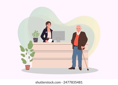 Office reception vector illustration. Senior man talking to female receptionist at counter in hallway. Hotel guest consulting manager behind desk in lobby