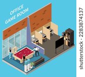 Office recreation facilities isometric composition with isolated view of computer working places and billiard table room vector illustration