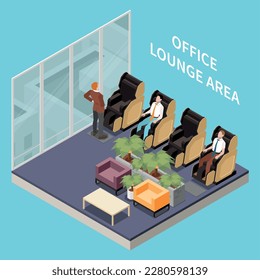 Office recreation facilities isometric composition with isolated view of room with automatic massage chairs and employees vector illustration