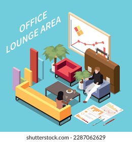 Office recreation facilities isometric composition with view of interior with coworkers having coffee break with text vector illustration