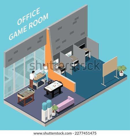 Office recreation facilities isometric composition with isolated view of coworkers computer workplaces with table games venue vector illustration