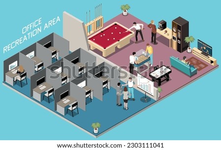 Office recreation facilities isometric composition with isolated view of big office with cubicle workplaces and lobby vector illustration