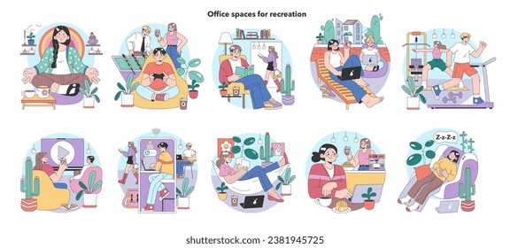 Conjunto de recreación de Office. Los empleados se relajan en zonas acogedoras. Meditación, juegos de mesa, rincones de lectura. Chats casuales, entrenamientos y siestas. La creatividad florece en la relajación. Ilustración vectorial plana