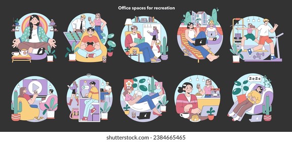 Office recreation set. Employees unwind in cozy zones. Meditation, board games, reading corners. Casual chats, workouts, and naps. Creativity blooms in relaxation. Flat vector illustration
