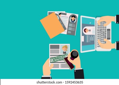 Office Recruiter Recruits Desk Resume Candidates for Vacancy. curriculum vitae approved for office worker. HR staff check document folder with computer