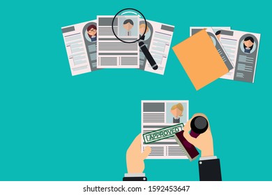 Office Recruiter Recruits Desk Resume Candidates for Vacancy. curriculum vitae approved for office worker. review of other candidates through folders and magnifying glass