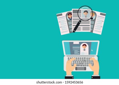 Office Recruiter Recruits Desk Resume Candidates for Vacancy. curriculum vitae approved for office worker. review of other candidates through computer and magnifying glass. with copy space