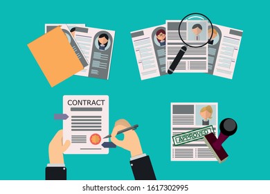 Office Recruiter Recruits Desk Resume Candidates for Vacancy. curriculum vitae approved for office worker. contract signature