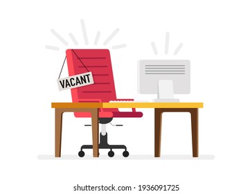 Office red chair, table with computer and a sign vacant. Business hiring and recruiting concept. Vector illustration.