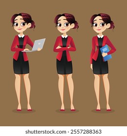 Office red suit wearing Girl and standing pose vector Background