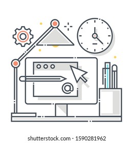 Office related color line vector icon, illustration. The icon is about work hours, space, company, desk, tools, computer. The composition is infinitely scalable.