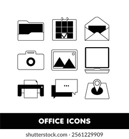 Office related fill and line vector icons set. Editable stroke. Folder, calendar, envelop, camera and more.