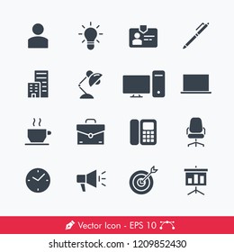 Office Related Icons / Vectors Set | Contains Such User, Idea, ID Card, Pen, Office, Lamp, Computer, Laptop, Coffee, Briefcase, Phone, Chair, Clock, Megaphone, Target, Presentation