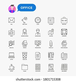 Office related thin line icons set: mail, table lamp, clock, calendar, briefcase, badge, location, teamwork, analytics, printer, paper shredder, laptop, presentation. Vector illustration.