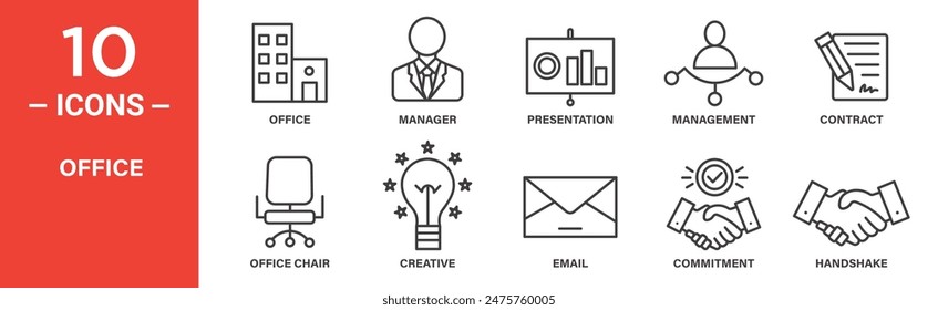 Office related vector icon set includes manager, presentation, management, contract, office chair, creative, email, commitment, handshake, and more icons