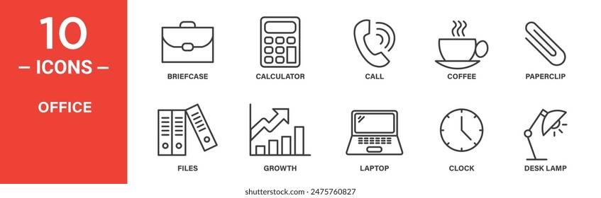 El conjunto de iconos de Vector relacionados con la oficina incluye maletín, calculadora, llamada, café, clip de papel, archivos, crecimiento, portátil, reloj, lámpara de escritorio y más iconos