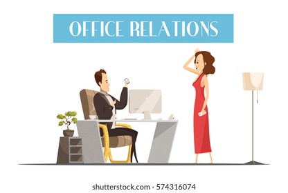Office relations cartoon style design with attractive woman in red dress in room of boss vector illustration