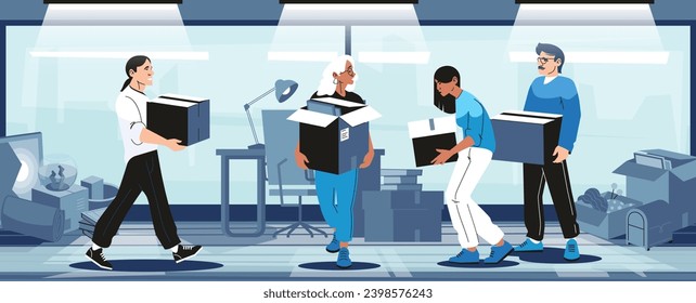 Office relocation concept. Cartoon people unpacking furniture and moving office stuff, workers moving to new office location. Vector illustration. Man and woman leaving workspace with boxes