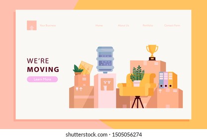 Office relocation concept illustration. Stack of cardboard boxes, water cooler, furniture, plants and other objects found in an office. Modern style beautiful landing page template.