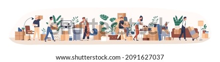 Office relocation concept. People with boxes moving to new location. Employees packing work supplies, things, stuff into cardboards to relocate. Flat vector illustration isolated on white background