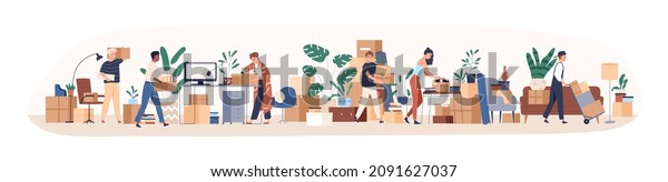 Office relocation concept. People with boxes\
moving to new location. Employees packing work supplies, things,\
stuff into cardboards to relocate. Flat vector illustration\
isolated on white\
background