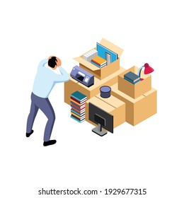 Office relocation isometric composition with distracted worker looking at packed things vector illustration