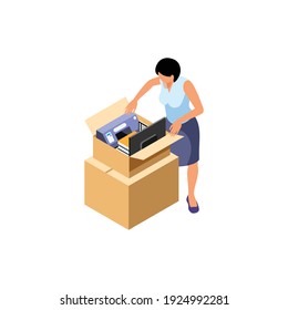 Office Relocation Isometric Composition With Female Worker Character Loading Machinery Into Box Vector Illustration