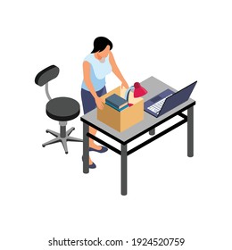 Office relocation isometric composition with woman packing her workplace things into box vector illustration