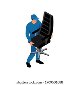 Office relocation isometric composition with worker carrying work chair with wheels vector illustration