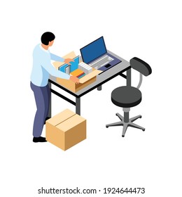 Office Relocation Isometric Composition With Worker Gathering His Things At Working Table Vector Illustration